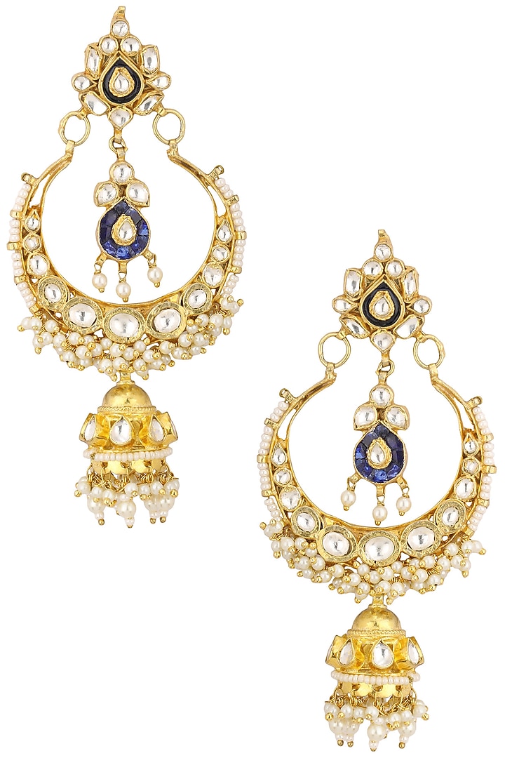 Gold finish white and blue stone crescent earrings available only at Pernia's Pop Up Shop.