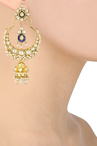 Gold Finish White and Blue Stone Crescent Earrings by Riana Jewellery