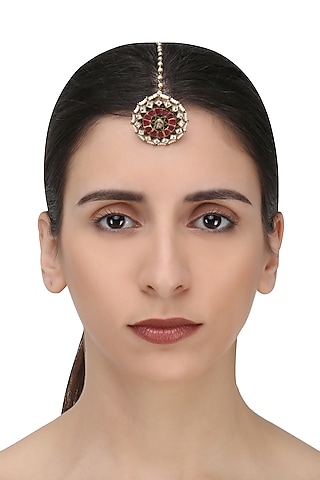 Gold Finish Green and Red Meena Borla Maangtikka by Riana Jewellery