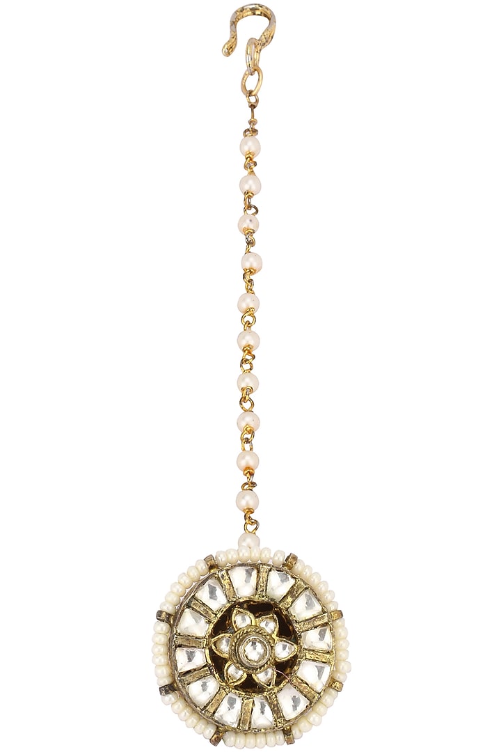 Gold finish white stone borla maangtikka available only at Pernia's Pop Up Shop.