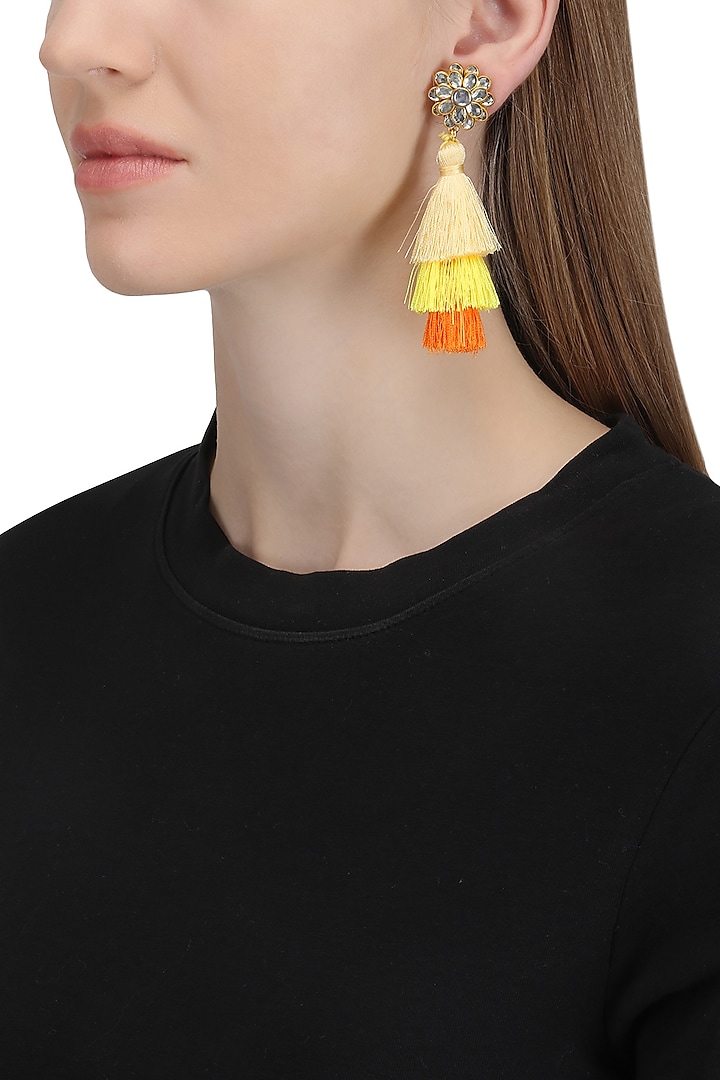 Gold Plated Multi Colored Tasseled Earrings by Riana Jewellery
