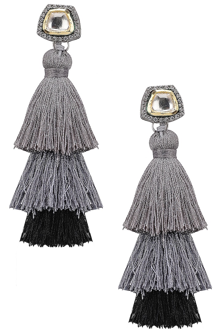 Gold plated grey and black tasseled earrings available only at Pernia's Pop Up Shop.