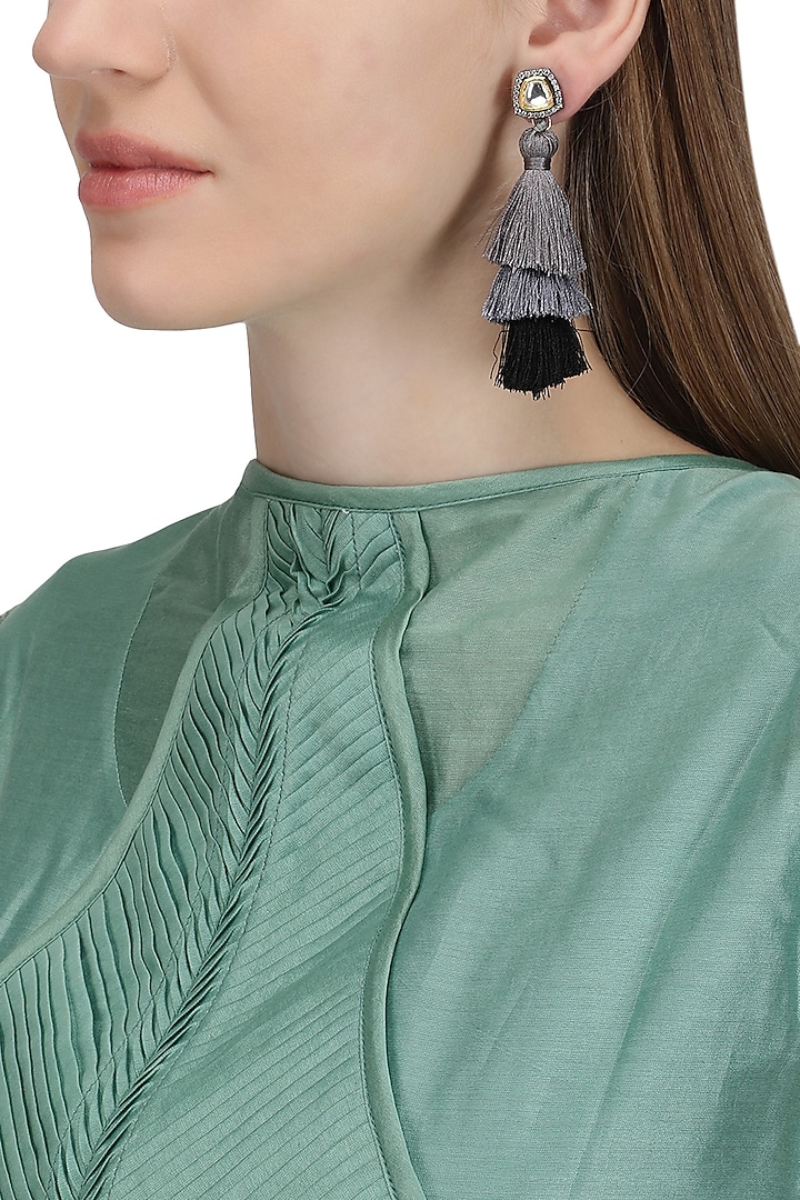 Gold Plated Grey and Black Tasseled Earrings by Riana Jewellery