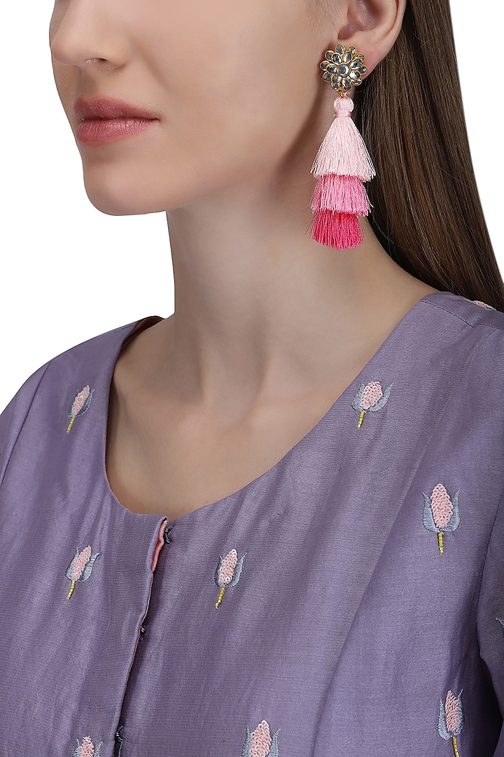 Gold Plated Hues Of Pink Tasseled Earrings by Riana Jewellery