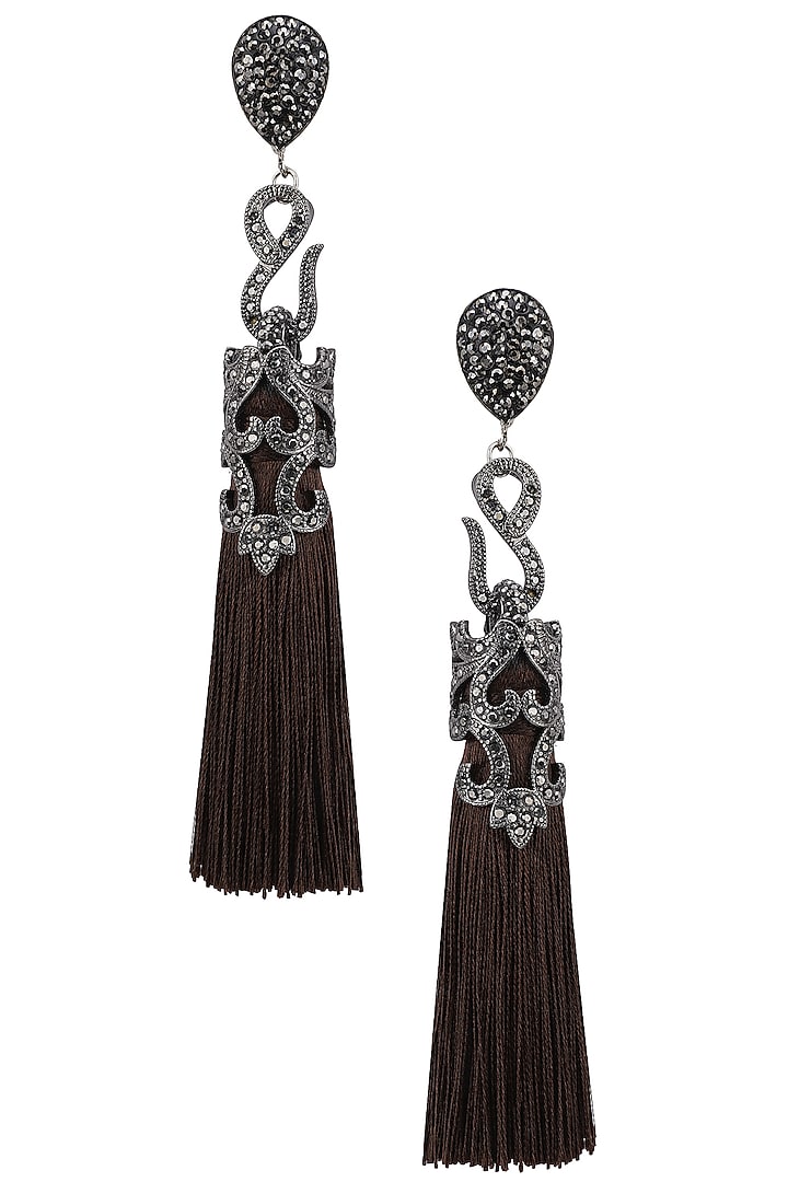 Gunmetal plated brown sequins tasseled earrings available only at Pernia's Pop Up Shop.