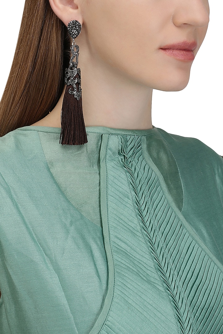 Gunmetal Plated Brown Sequins Tasseled Earrings by Riana Jewellery