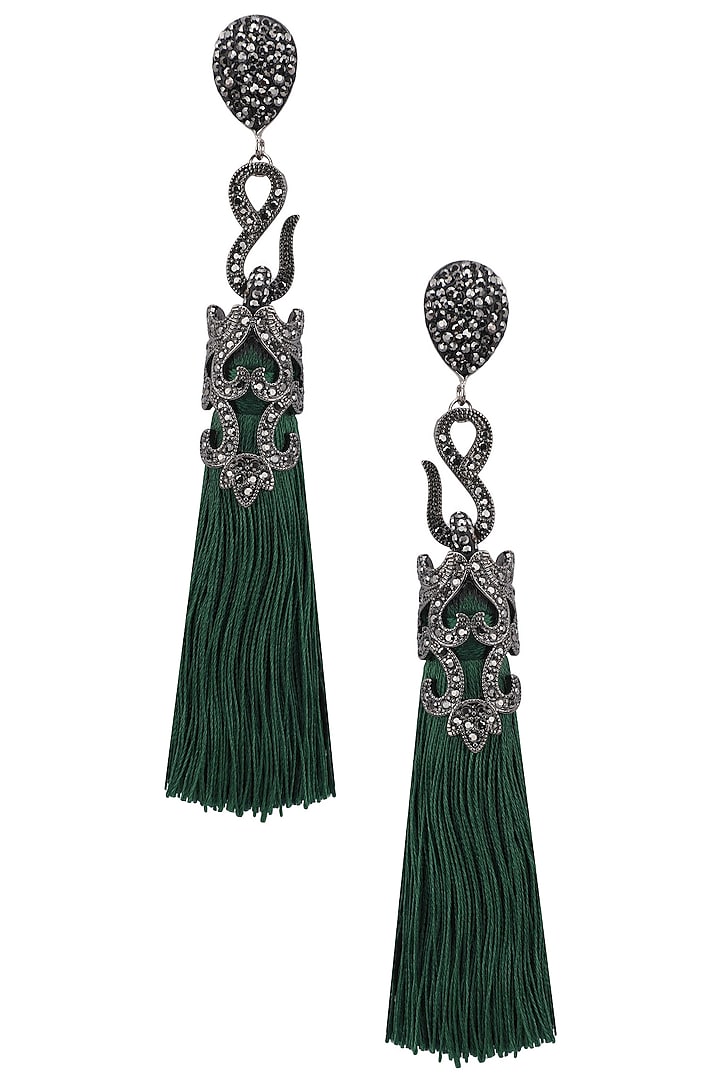 Gunmetal plated green sequins tasseled earrings available only at Pernia's Pop Up Shop.