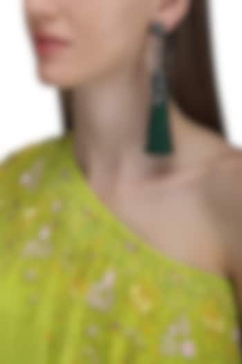 Gunmetal Plated Green Sequins Tasseled Earrings by Riana Jewellery