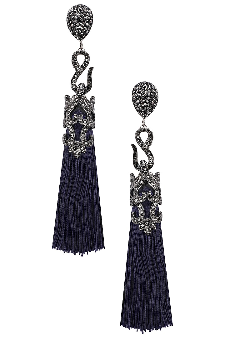Gunmetal plated blue sequins tasseled earrings available only at Pernia's Pop Up Shop.