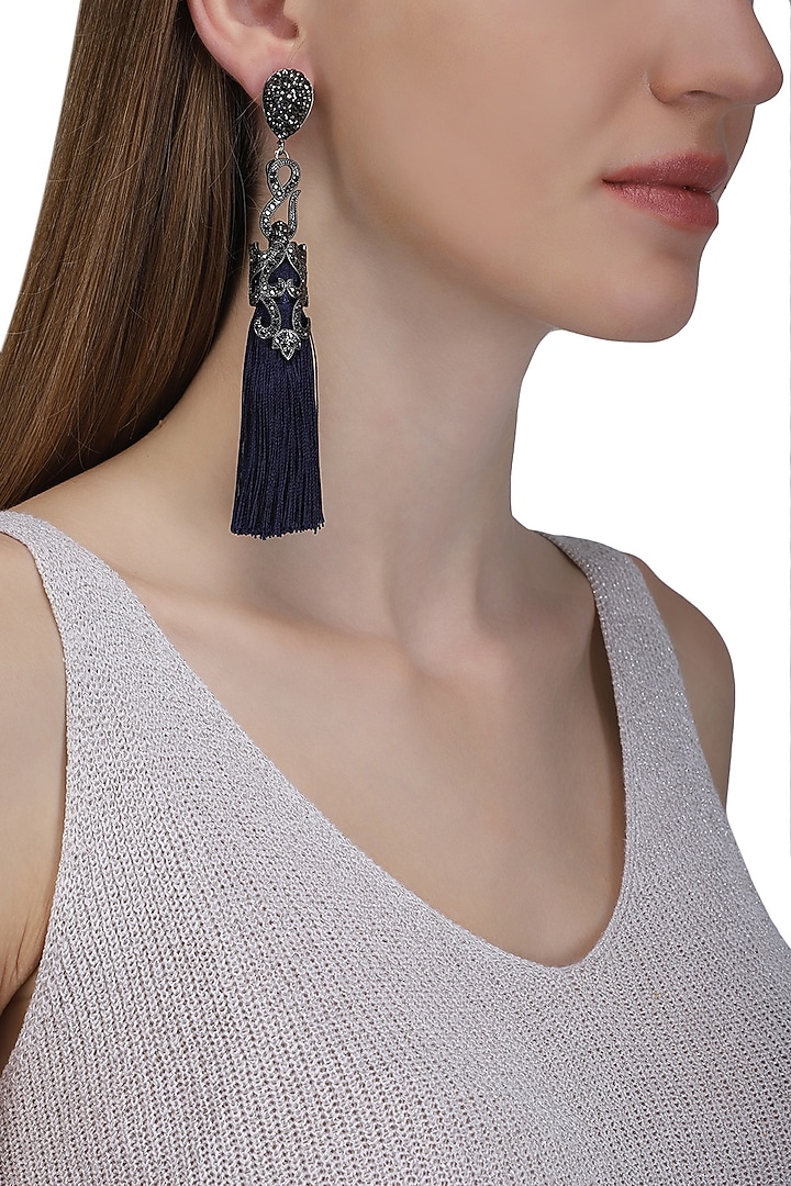 Gunmetal plated blue sequins tasseled earrings available only at Pernia's Pop Up Shop.