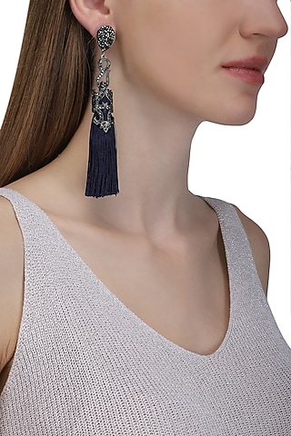 Gunmetal Plated Blue Sequins Tasseled Earrings by Riana Jewellery