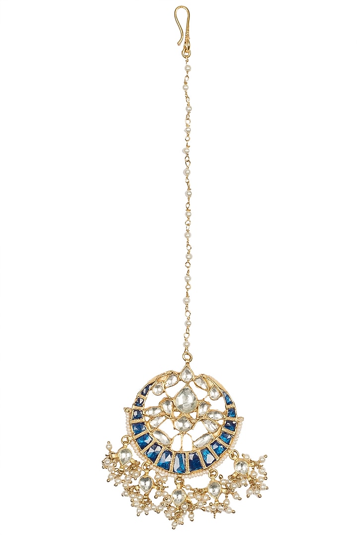 Gold plated jadtar blue saphire maangtikka available only at Pernia's Pop Up Shop.
