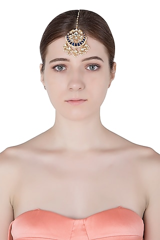 Gold Finish Blue Sapphire Maangtikka by Riana Jewellery