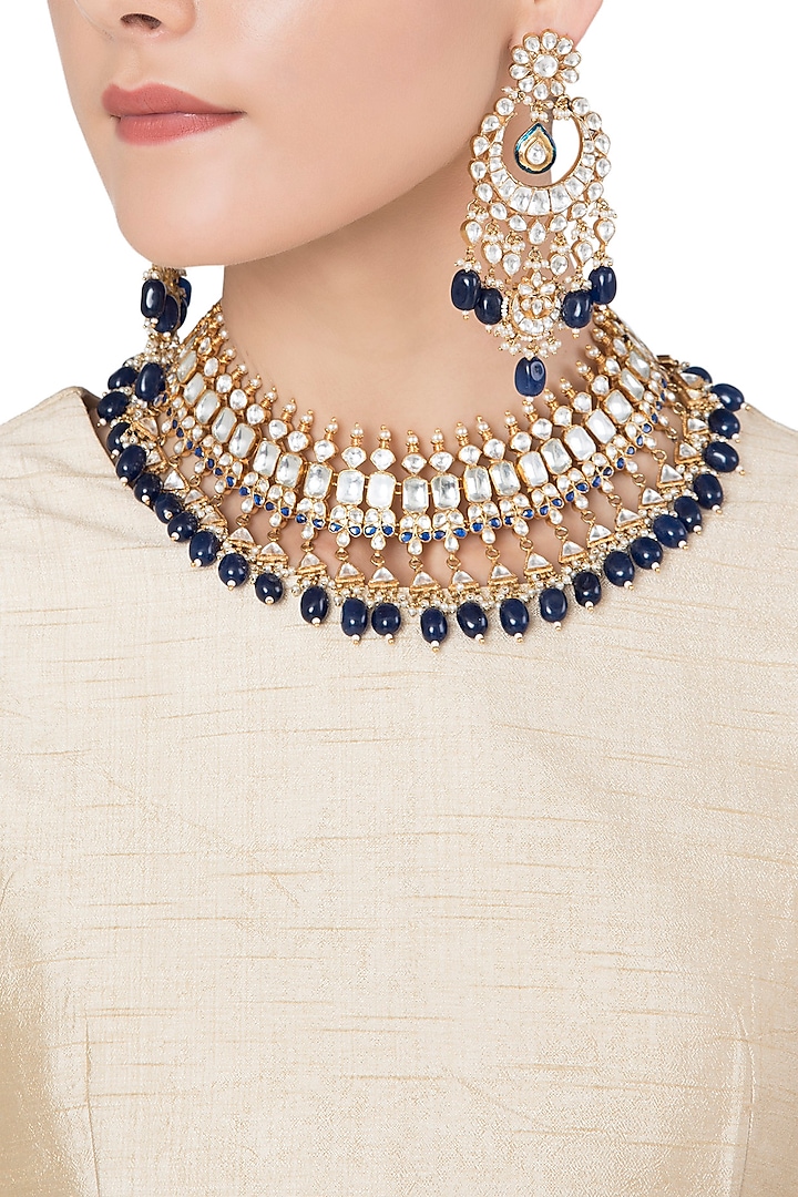 Gold Plated Semi-Precious Stones Choker Necklace Set by Riana Jewellery