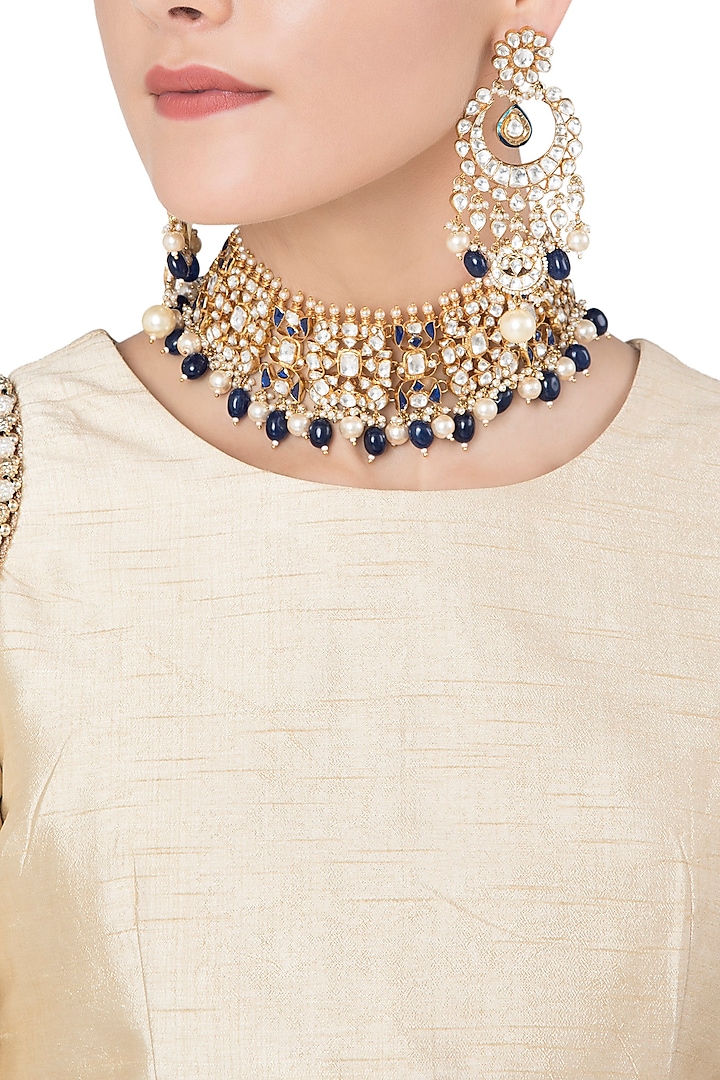 Gold Plated Semi-Precious Stones and Pearl Choker Necklace Set by Riana Jewellery