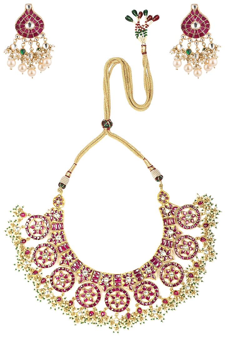 Gold plated pink semi-precious stones choker necklace set available only at Pernia's Pop Up Shop.