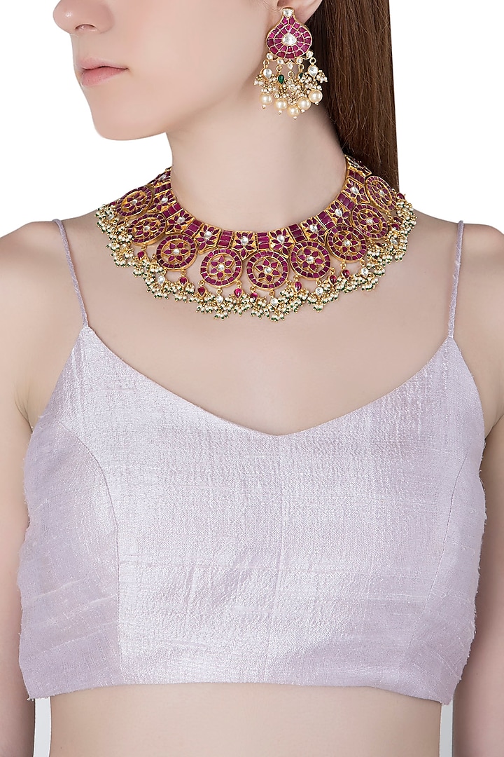 Gold Plated Pink Semi-Precious Stones Choker Necklace Set by Riana Jewellery