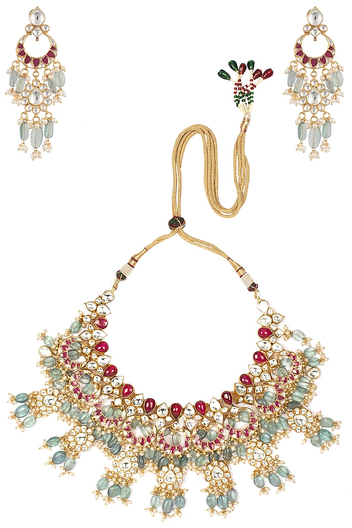 Gold Plated Pink and Green Stones Choker Necklace Set by Riana Jewellery