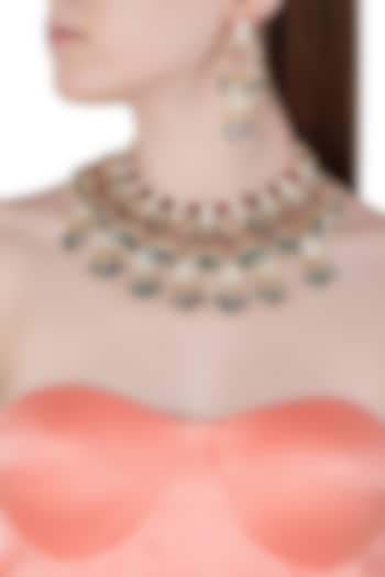 Gold plated pink and green stones choker necklace set available only at Pernia's Pop Up Shop.