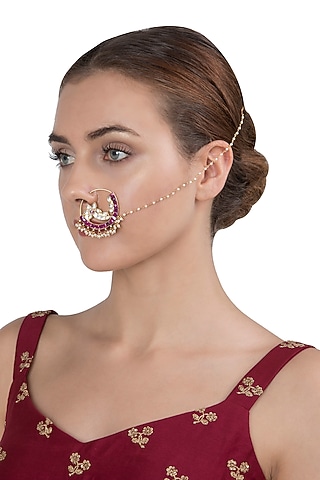 Gold Plated Pink and White Nath by Riana Jewellery