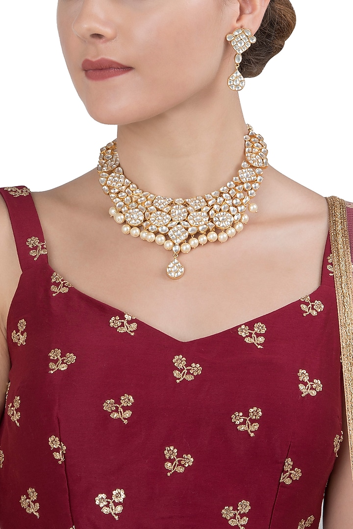 Gold Plated White Jadtar Necklace set by Riana Jewellery
