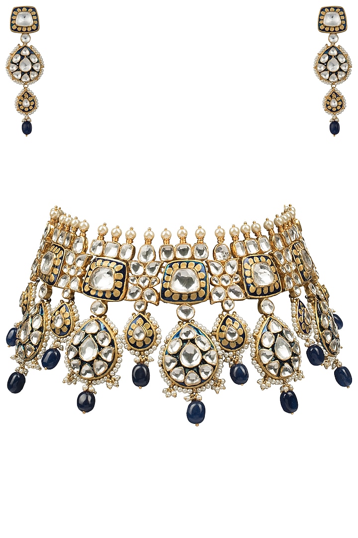 Gold plated blue meena necklace set available only at Pernia's Pop Up Shop.