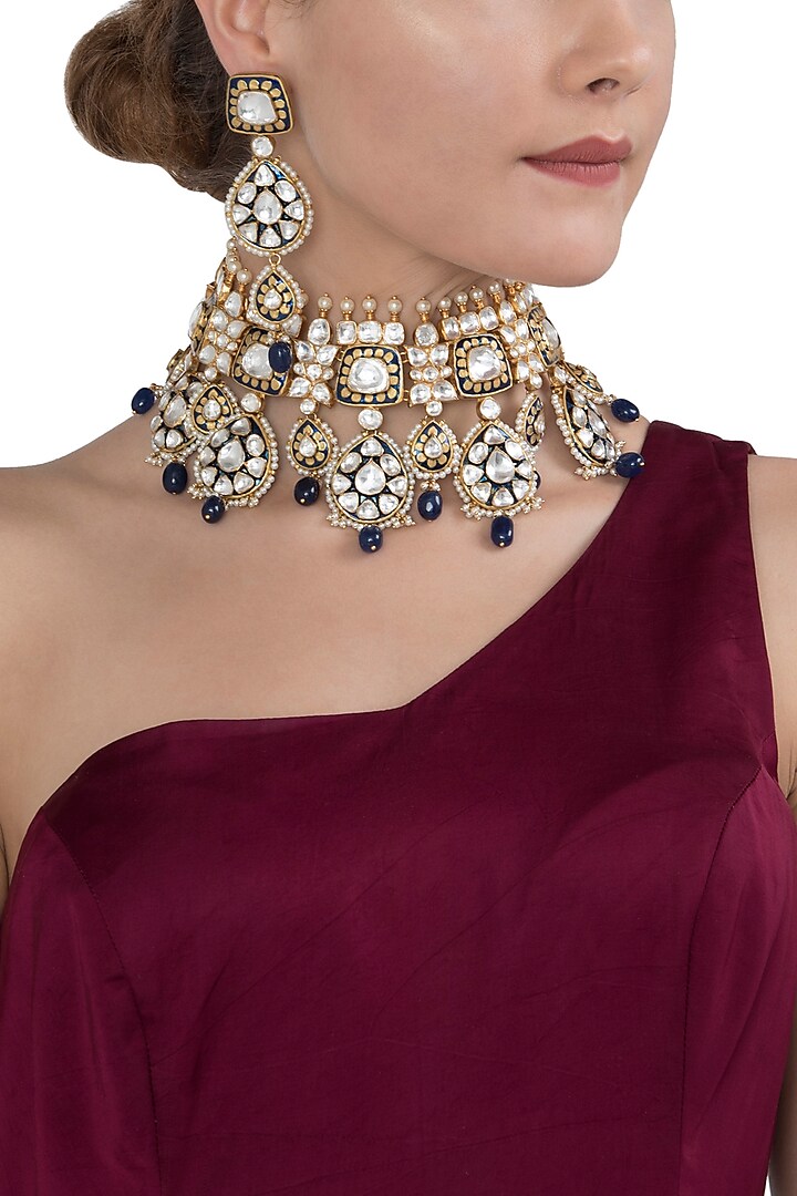 Gold Plated Blue Meena Necklace Set by Riana Jewellery