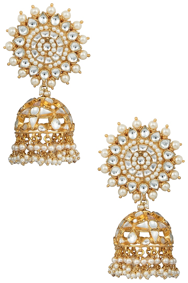 Gold plated white jhumki earrings available only at Pernia's Pop Up Shop.