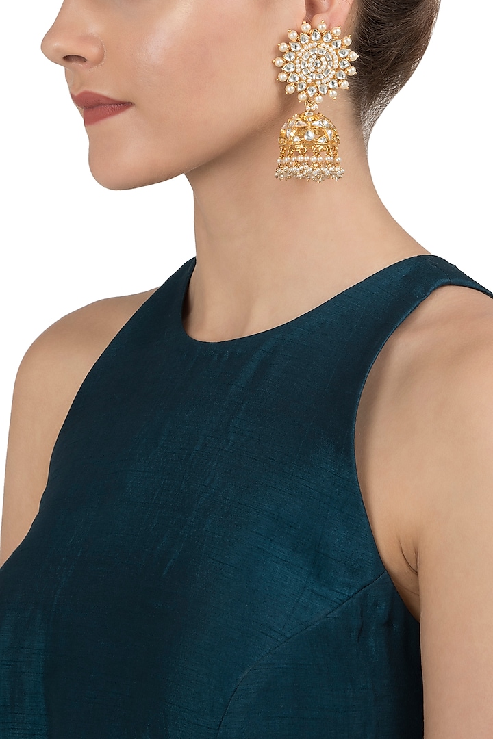 Gold Plated White Jhumki Earrings by Riana Jewellery