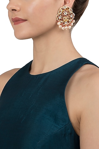 Gold Plated Pearl Drop Stud Earrings by Riana Jewellery