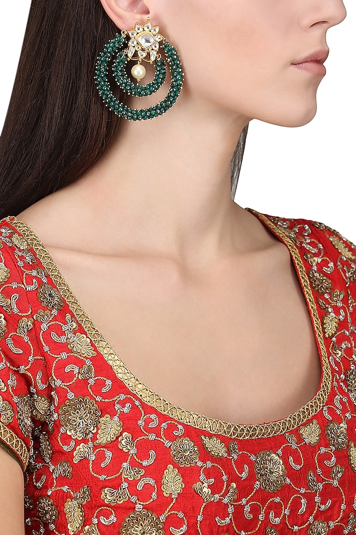Gold Plated Green Bead Embellished Earrings by Riana Jewellery