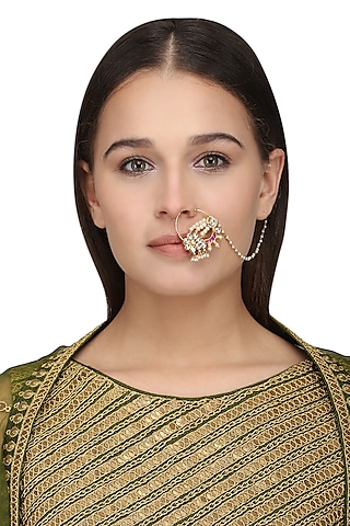 Gold Plated Red and White Nath by Riana Jewellery