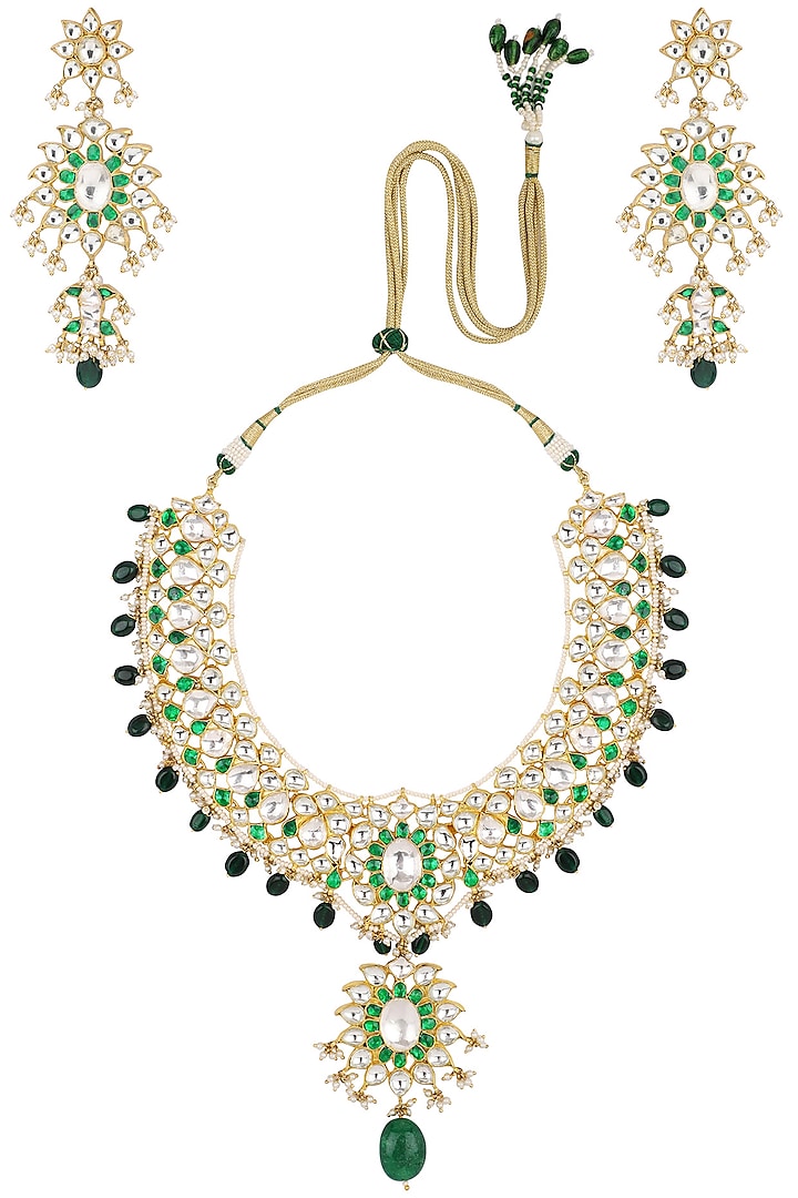 Gold plate green and white bridal necklace available only at Pernia's ...