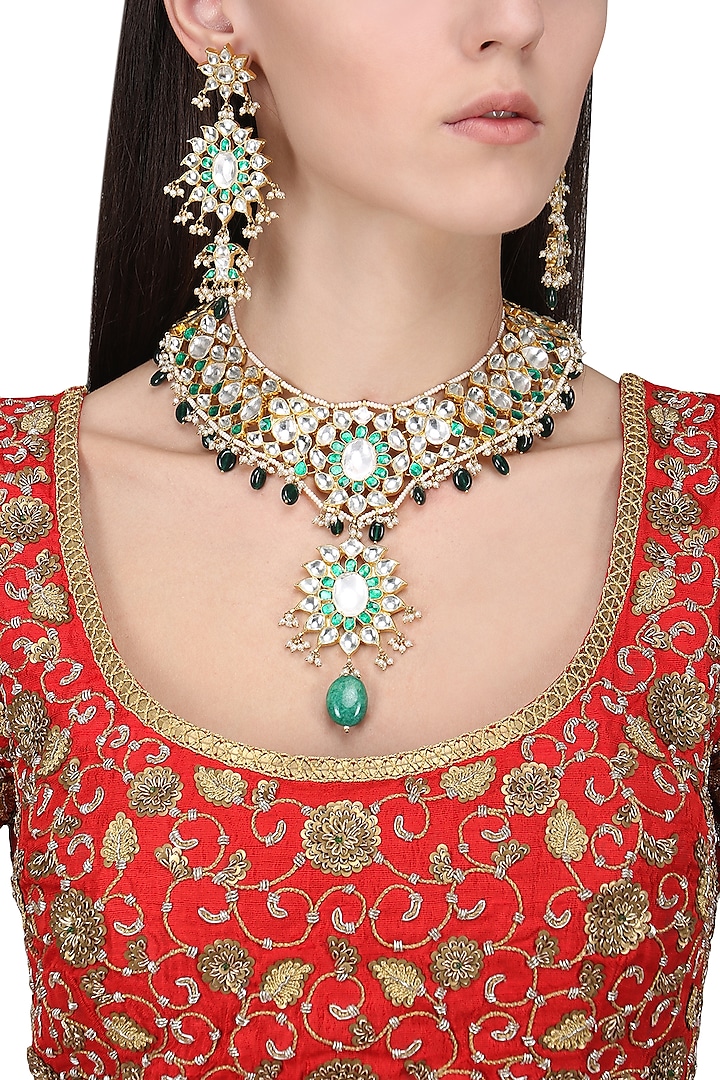 Gold Plate Green and White Bridal Necklace by Riana Jewellery