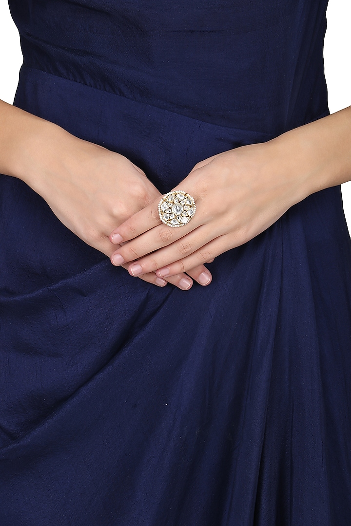 Gold Plated Small White Flower Ring by Riana Jewellery