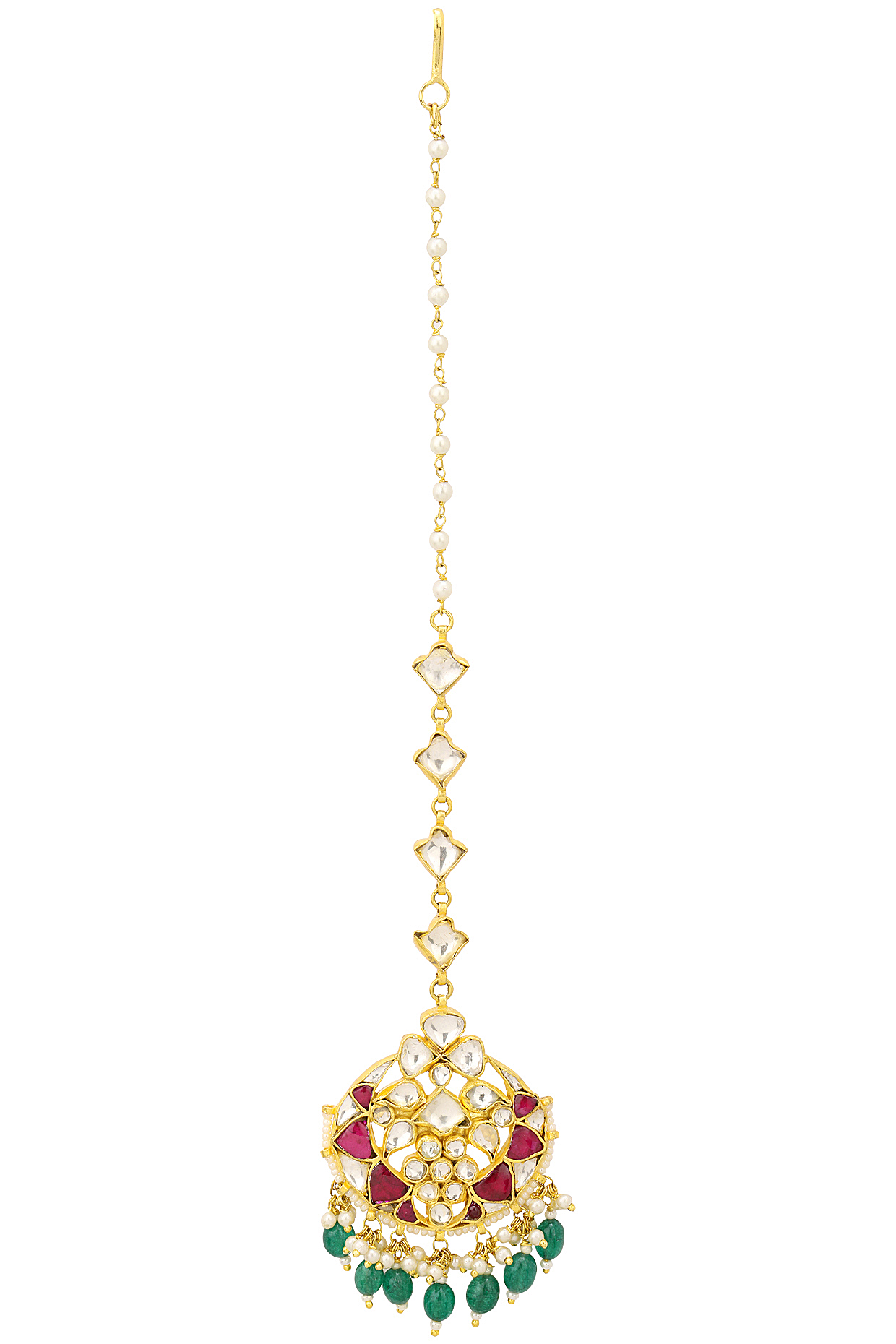 Gold Plated White Jadtar and Pink Stone Crescent Maang Tikka by Riana Jewellery