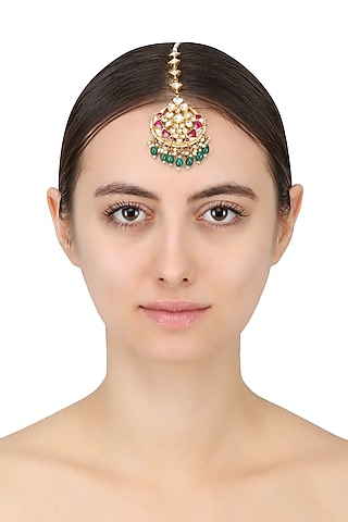 Gold Plated White Jadtar and Pink Stone Crescent Maang Tikka by Riana Jewellery