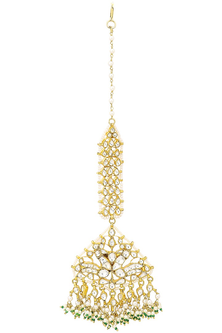 Gold Plated White Jadtar Stone Peacock Motif Maang Tikka available only at Pernia's Pop Up Shop.