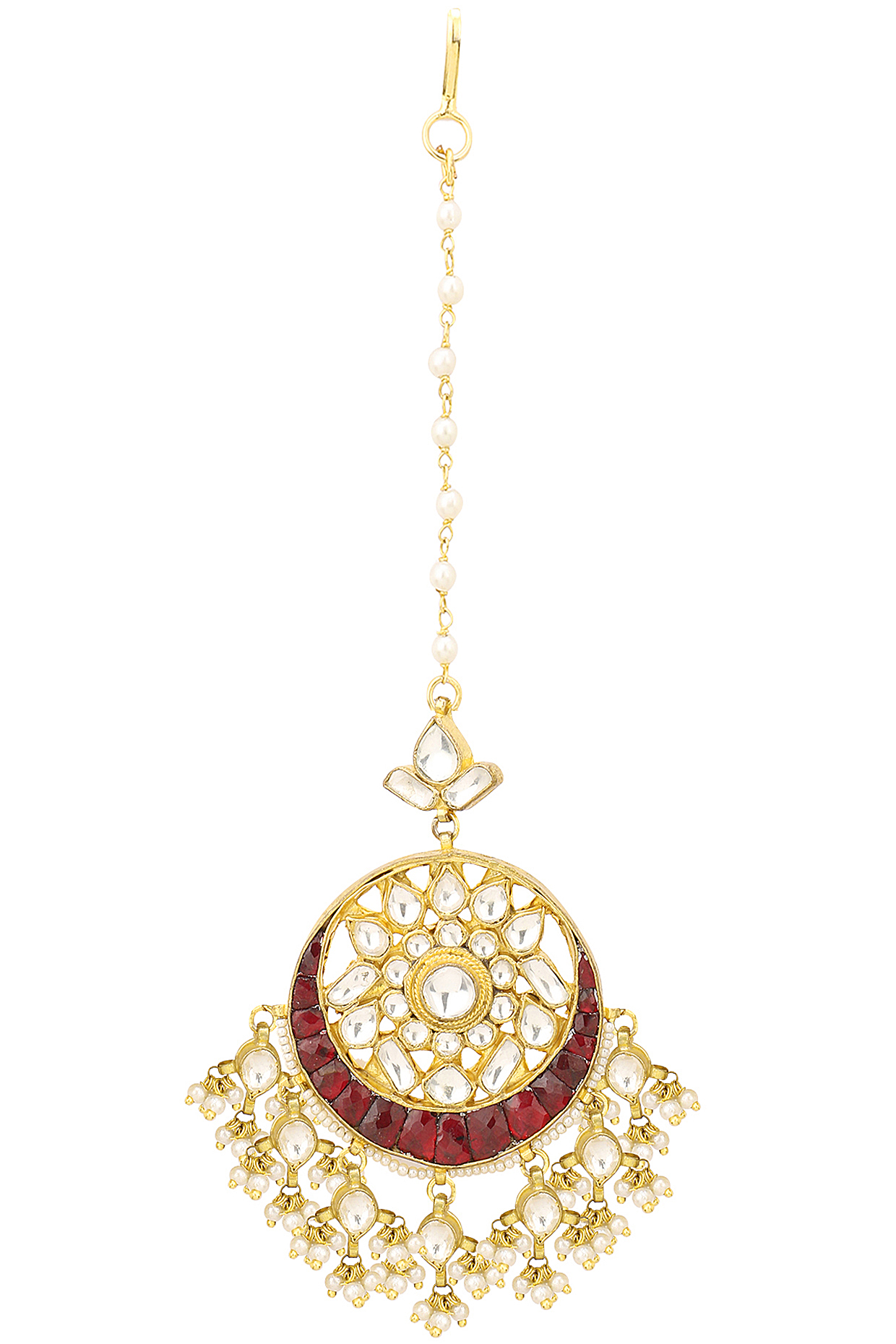 Gold Finish Red Stone Maang Tikka by Riana Jewellery