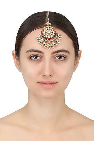 Gold Finish Red Stone Maang Tikka by Riana Jewellery