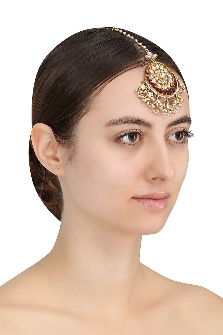 Gold Plated White Jadtar Stone and Pearl Crescent Maang Tikka available only at Pernia's Pop Up Shop.