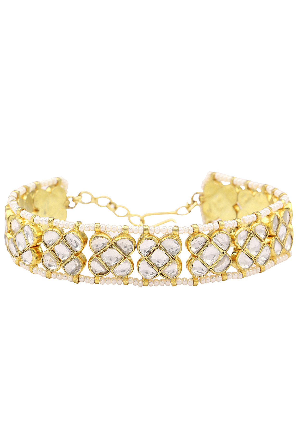 Gold Finish Wihte Jadtar Stone Single Line Bracelet by Riana Jewellery