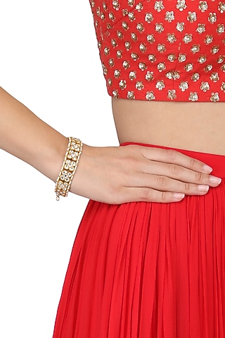Gold Finish Wihte Jadtar Stone Single Line Bracelet by Riana Jewellery