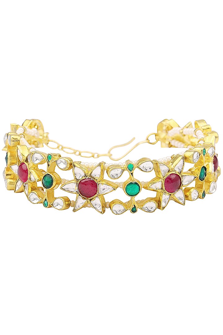 Gold Finish White Jadtar, Pink and Green Bracelet available only at Pernia's Pop Up Shop.