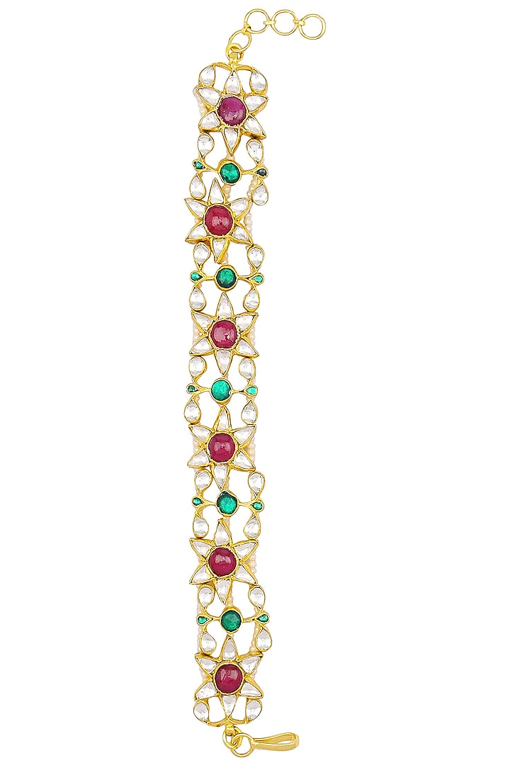 Gold Finish White Jadtar, Pink and Green Bracelet available only at Pernia's Pop Up Shop.