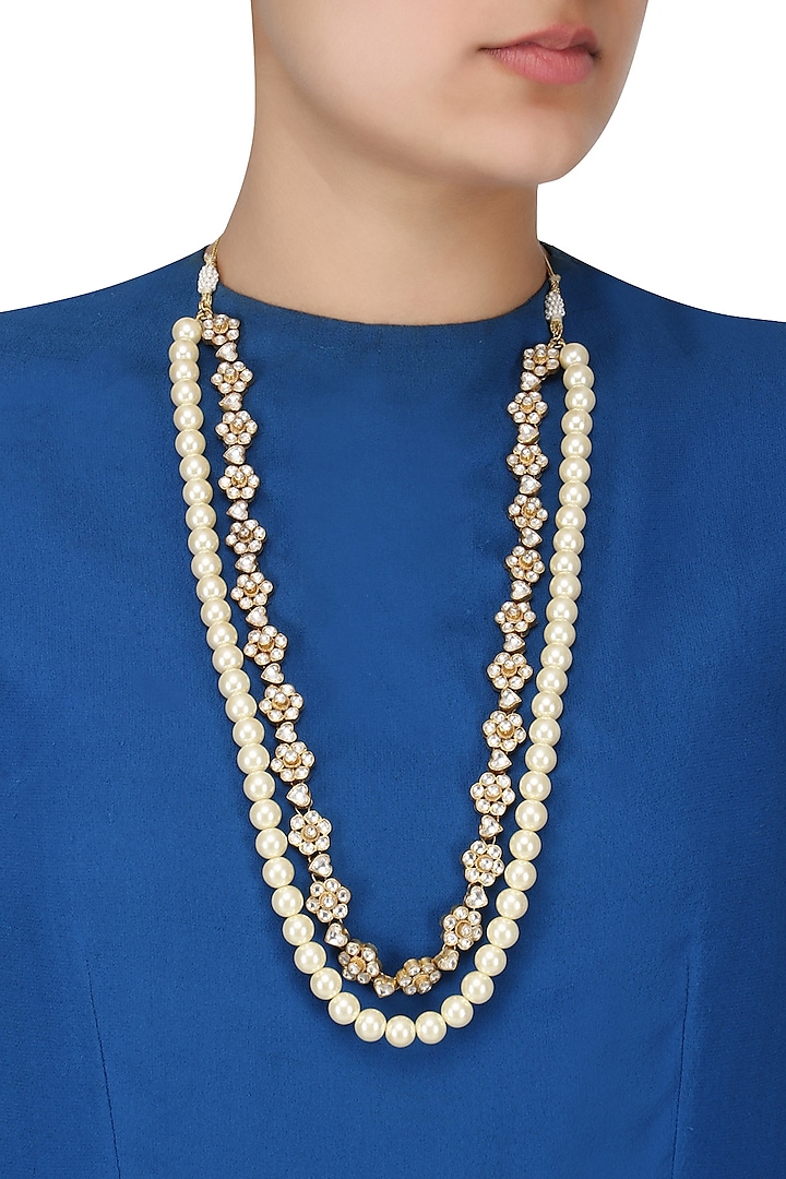 Gold Finish White Jadtar Stone and Pearl Long Necklace by Riana Jewellery