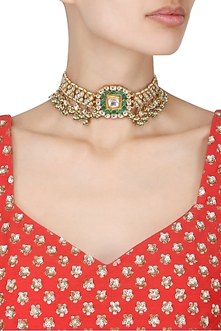 Gold Finish White Jadtar Stone and Pearl Choker Necklace  by Riana Jewellery