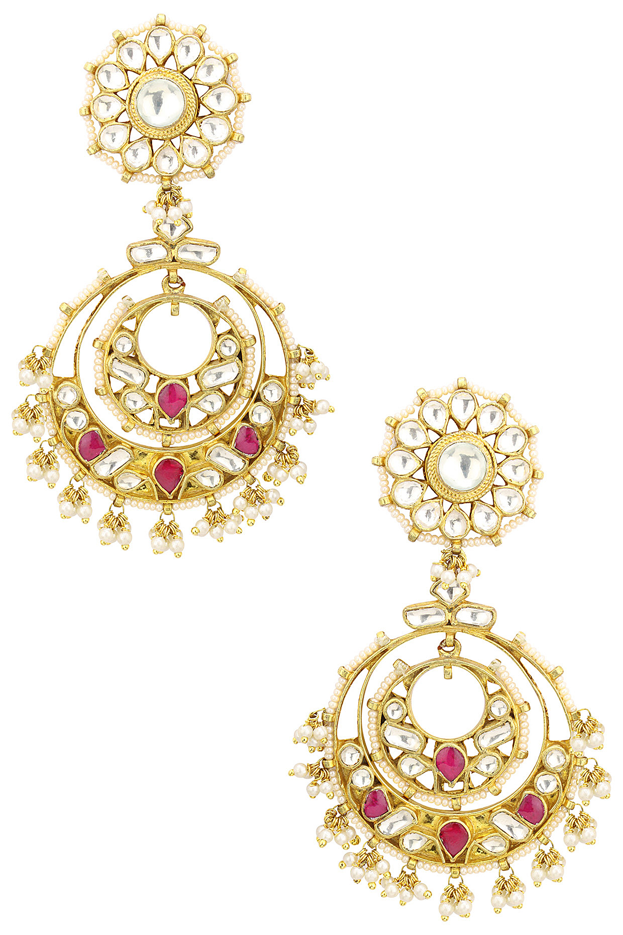 Gold Plated Pearl and Jadtar Stones Chandbali Earrings by Riana Jewellery