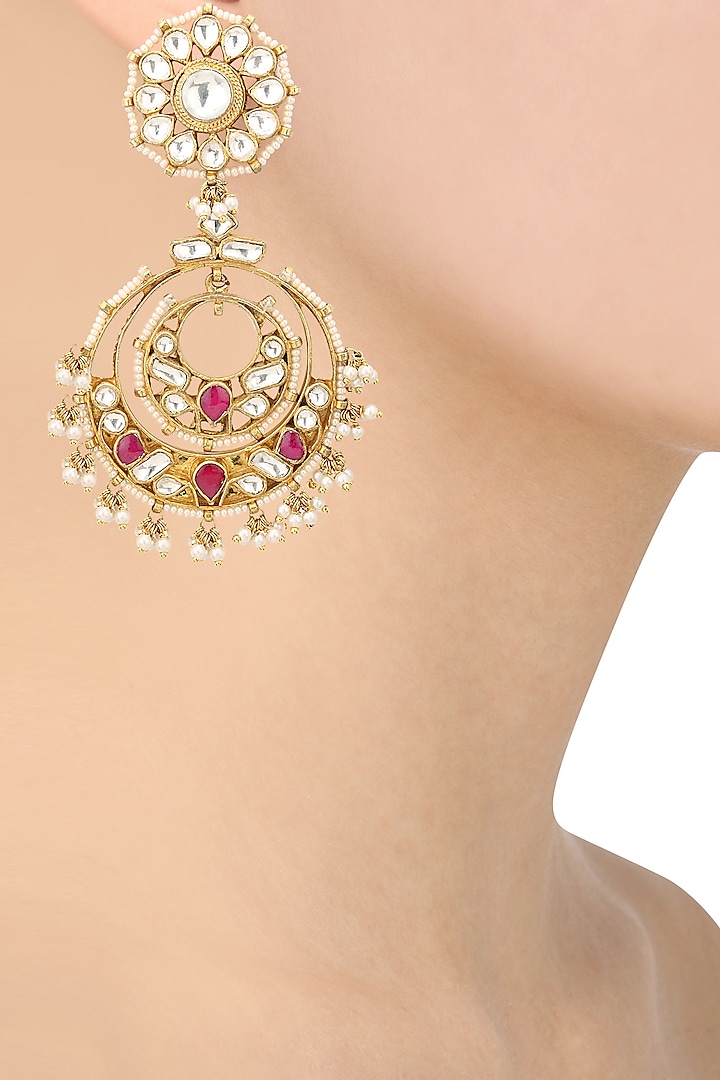 Gold Plated Pearl and Jadtar Stones Chandbali Earrings by Riana Jewellery