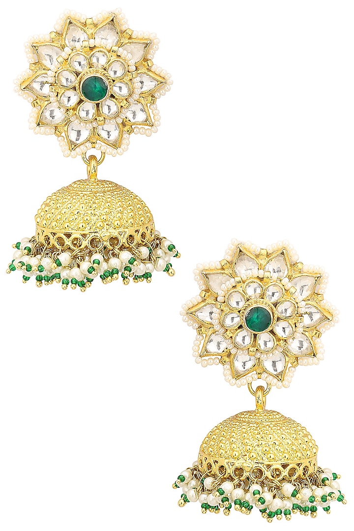 Gold Plated Pearl and Jadtar Stones Jhumki Earrings available only at Pernia's Pop Up Shop.